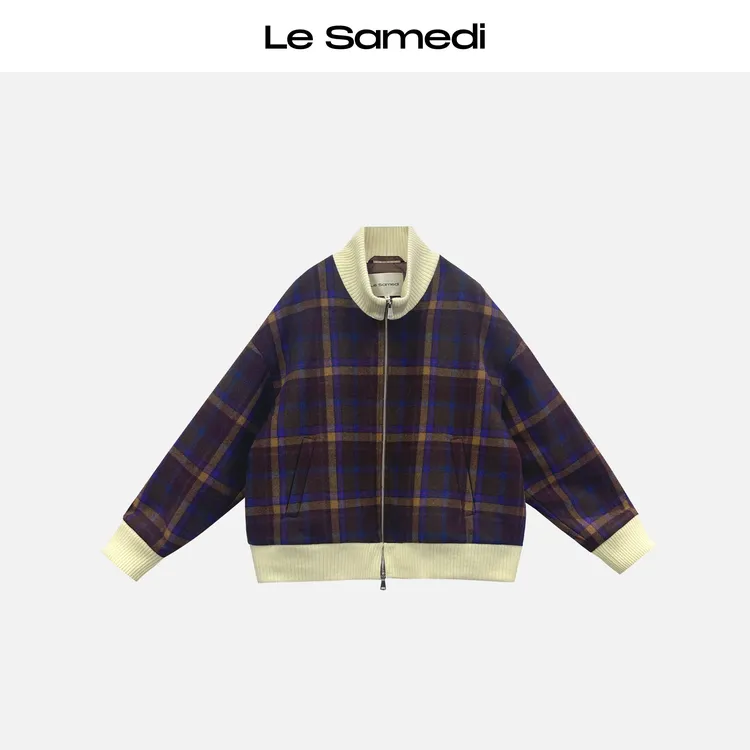 Le Samedi马油叶儿【常春格影】撞色格纹毛呢美式复古棉服外套