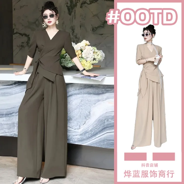 高级感洋气套装2025夏季新款大码气质V领绑带上衣阔腿裤两件套女