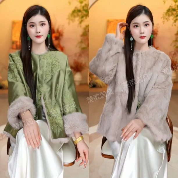 【晴婉】冬季2025新款加厚保暖新中式上衣女装皮毛一体兔毛绣花外套