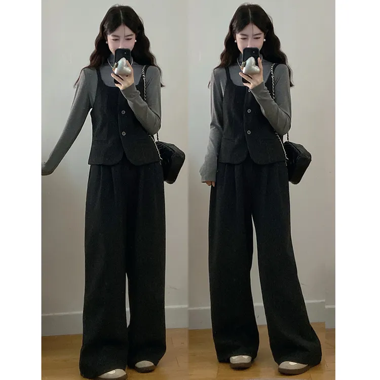 大码胖mm女装秋冬新款气质名媛显瘦打底衫马甲阔腿裤三件套套装女
