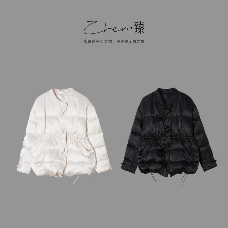 ZHEN.臻 法式简约高级时尚亮面真丝抽腰显瘦鹅绒服外套YRF9345Z