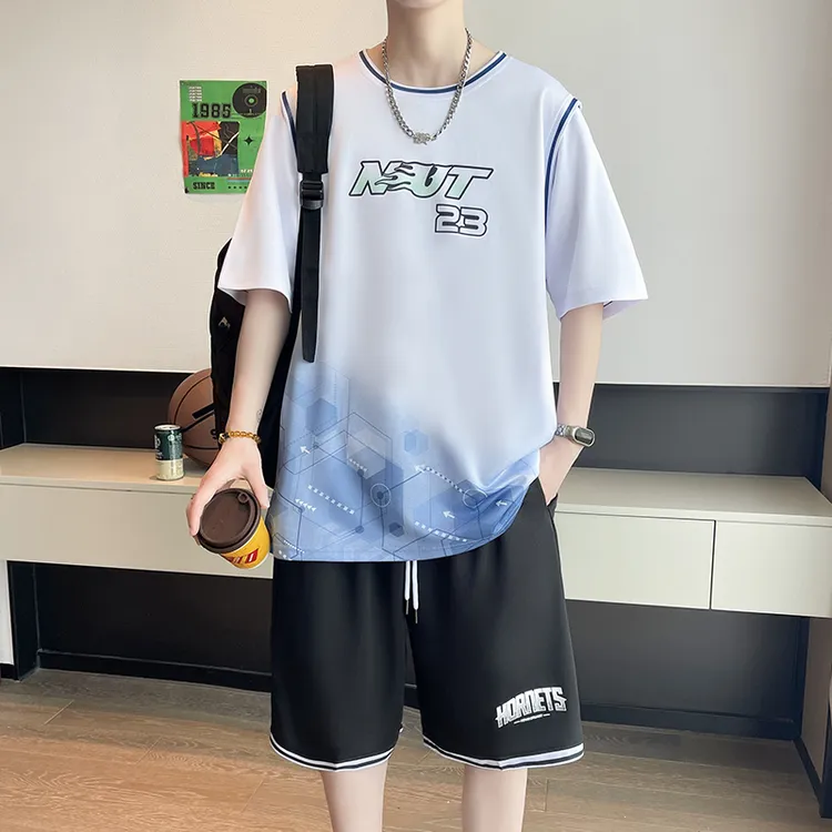 夏季冰丝短袖短裤青少年帅气运动篮球服套装宽松大童男孩速干球衣