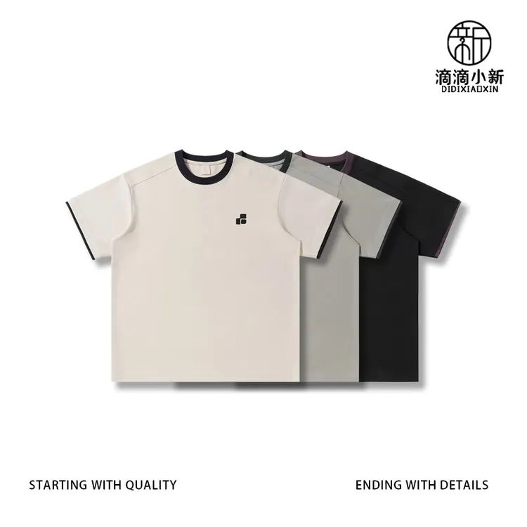 繁花刺绣logo双色领液氨棉短袖T恤凉感情侣宽松72069