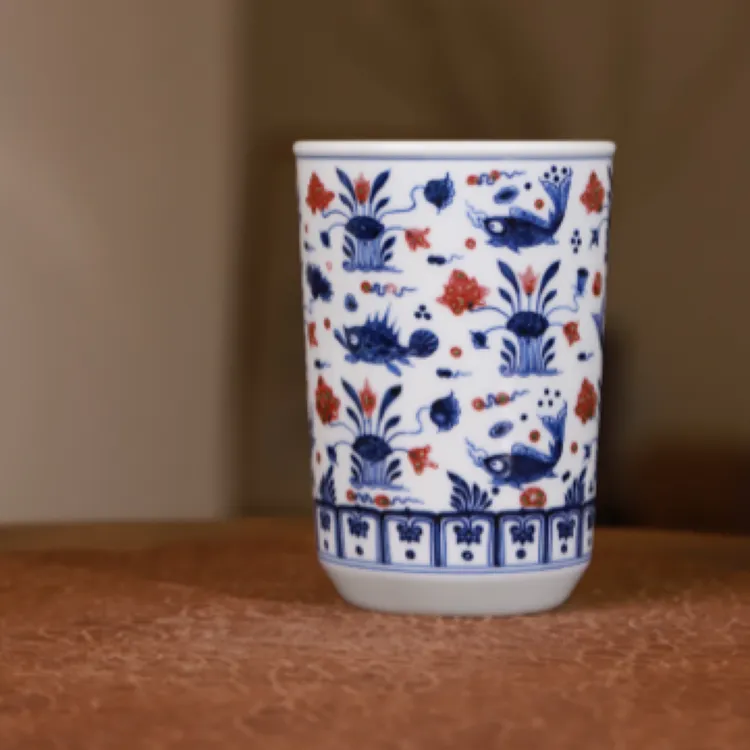 和然窑青花釉里红鱼藻可乐杯400ml大杯和然窑限量款主人杯景德镇