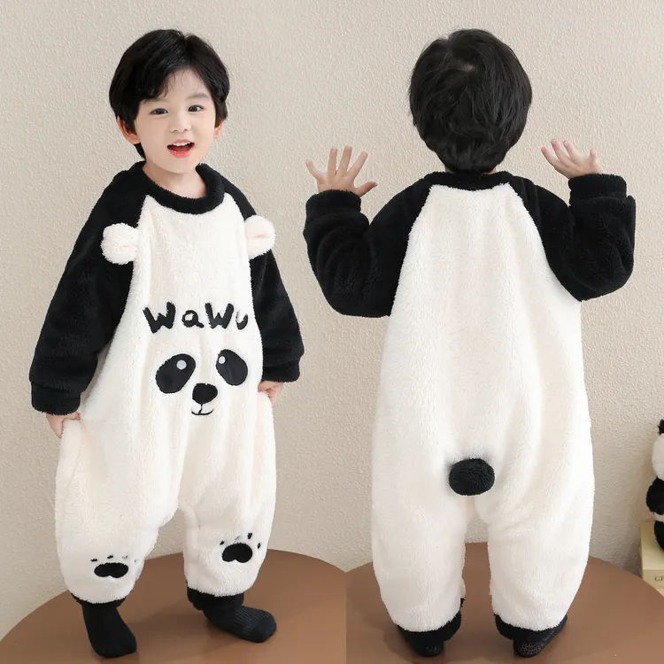 男童睡衣法兰绒秋冬款2025加绒爬服睡袋珊瑚绒连体保暖男孩家居服
