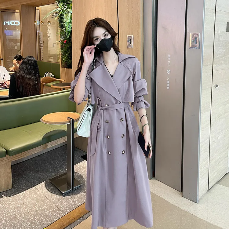 紫色英伦风西装领风衣外套女2025春韩版复古气质双排扣中长款大衣