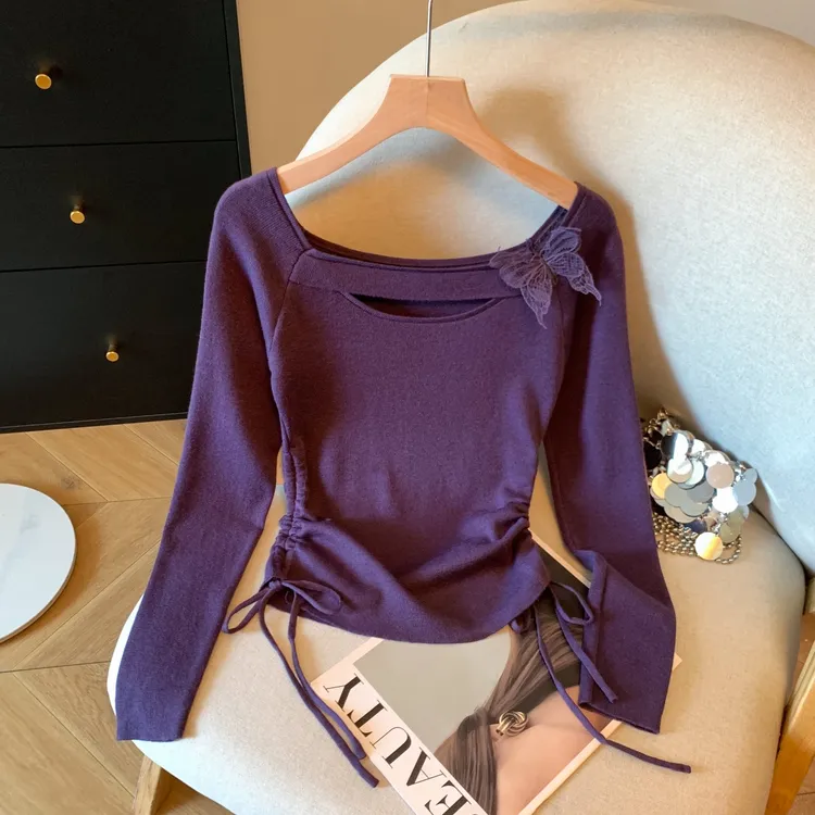 2025早秋针织衫女装新款气质方领上衣抽绳收腰显瘦修身长袖打底衫