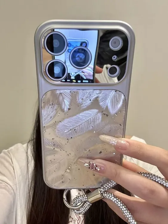 韩系高级感闪粉银色羽毛适用于iphone17promax苹果16手机壳15新款