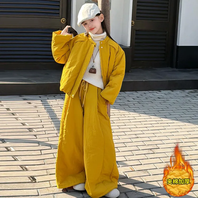 女童冬季新款棉服套装韩范潮酷立领加厚棉衣外套宽松阔腿裤两件套