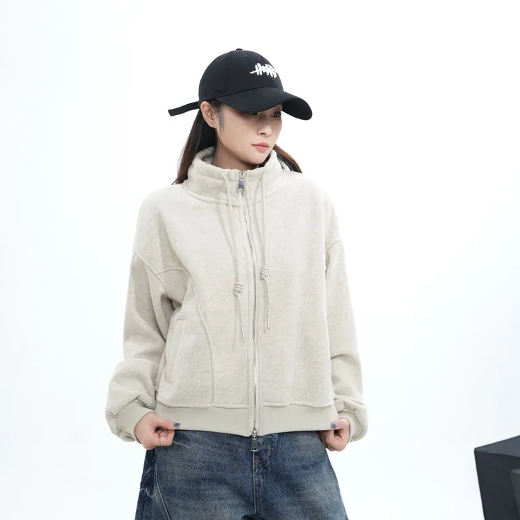 2571-【N5专享】秋冬简约休闲时尚立领双拉链加绒外套