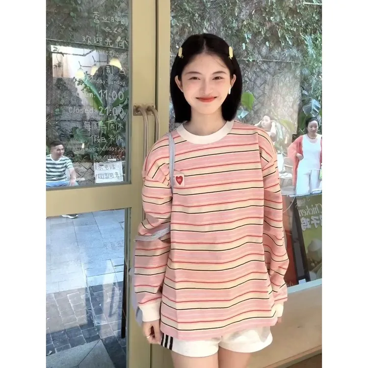日韩流光风拼接条纹长袖t恤女春秋季百搭时尚感vintage减龄上衣服
