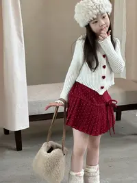 2025女童秋冬新款韩版修身喇叭袖针织毛衣蝴蝶结绑带百褶裙套装