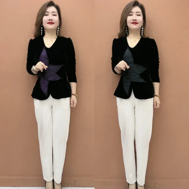 秋冬时尚修身显瘦丝绒拼接长袖衫