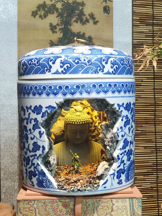青花大罐子景观摆件悟空石佛高定版客厅家居茶室摆件装饰创意手工