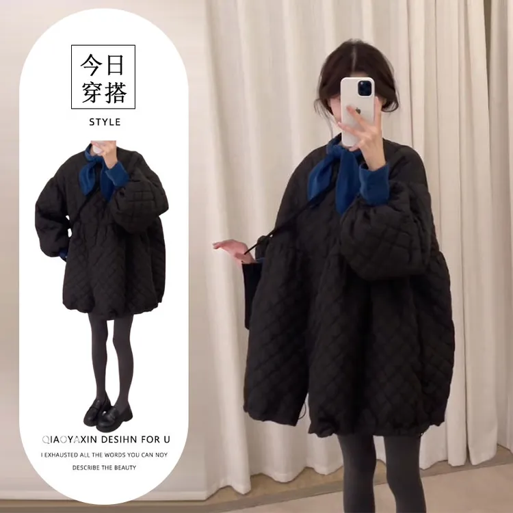 2025冬季新款复古中长款黑色菱格棉服外套克莱因蓝打底衫两件套女
