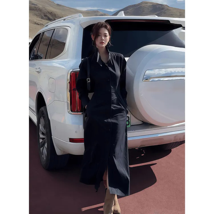纯欲辣妹收腰长袖连衣裙女2025早秋新款修身显瘦高级感衬衣长裙