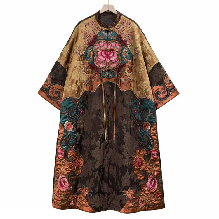 刺绣拼色提花民族风新中式立领盘扣文艺设计师高定原创夹棉长棉衣