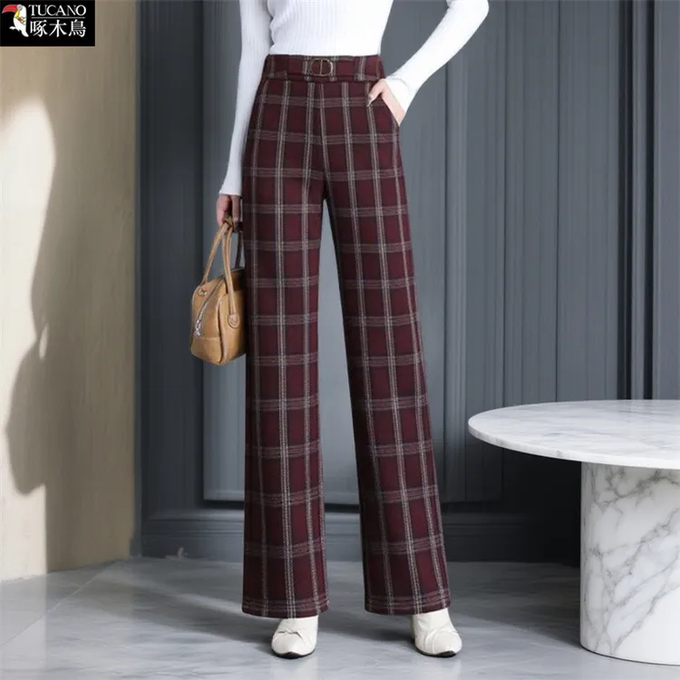 啄木鸟正品2025年新款拼接撞色毛呢格子裤女士秋冬加绒保暖阔腿裤