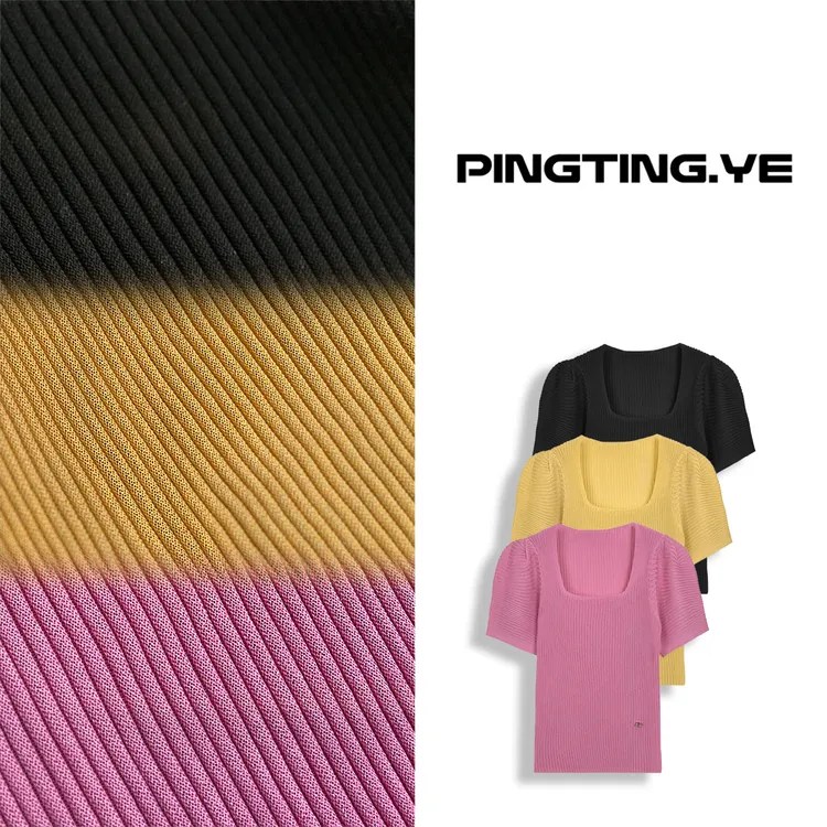 PINGTING.YE修身方领高弹时髦针织泡泡袖短袖T恤PT8513