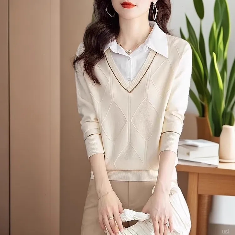 假两件打底衫女内搭新款时尚女装早秋洋气小衫秋季长袖翻领上衣