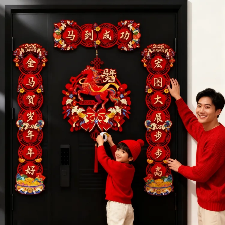 植绒对联2026马年新款春节家用过年大门布置新年门贴装饰磁吸春联
