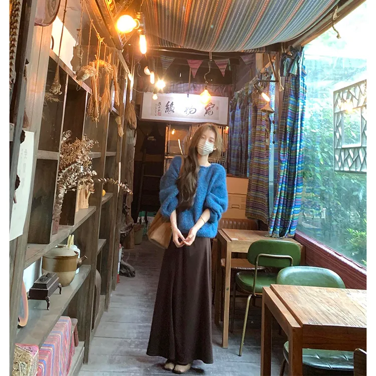 MARIE.COCO韩系温柔风蓝色宽松软糯毛衣女秋季高腰显瘦半身裙套装