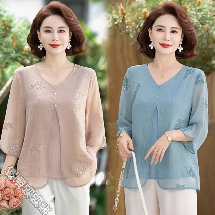 母亲节中年妈妈夏装中袖T恤上衣中老年女夏季洋气假两件小衫新款