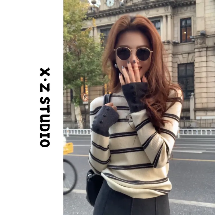 X.ZHEN【彩色条纹】毛衣女款爆款2025新款洋气打底衫女内搭别致独特