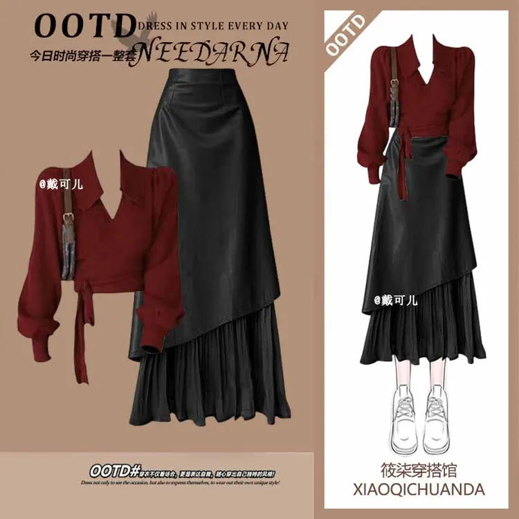 秋冬复古港风套装2025新款高级感气质减龄上衣不规则半身裙两件套