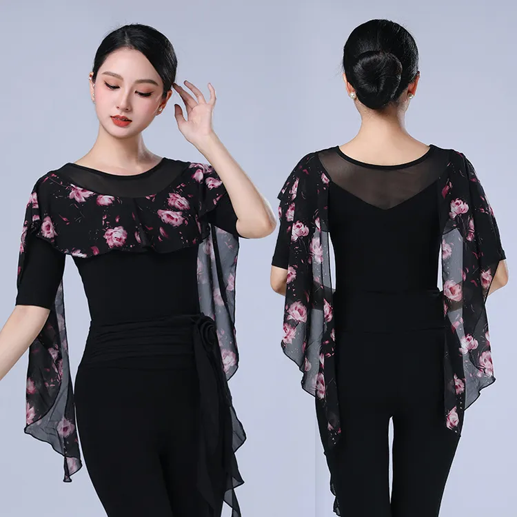 新款摩登舞上衣女拉丁舞练功形体服交谊舞国标舞演出服专业舞蹈服