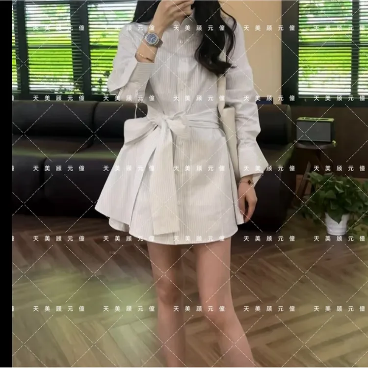 小个子条纹裙子高级感独特漂亮气质大方得体收腰白色衬衫连衣裙夏