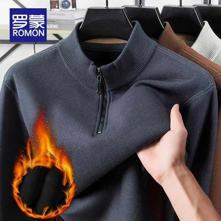 罗蒙秋冬季男士加绒加厚毛衣男款时尚男装半高领拉链针织衫上衣男