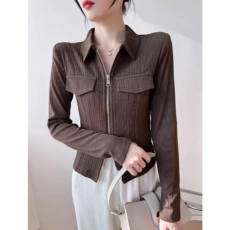 翻领长袖t恤女2025新款春季双拉链修身显瘦设计感内搭时尚打底衫