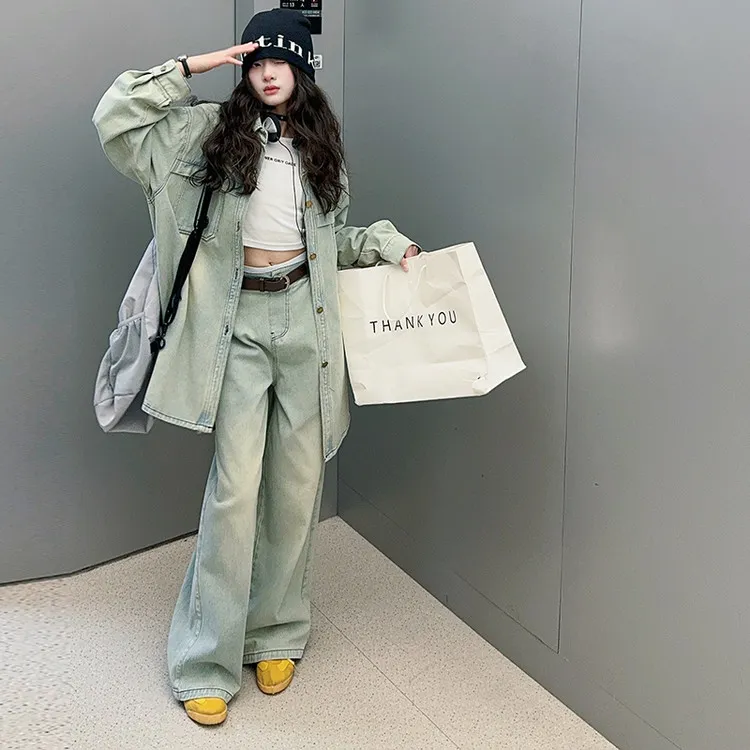 女童春秋牛仔套装休闲时髦洋气中大童2025新款儿童外套裤子两件套