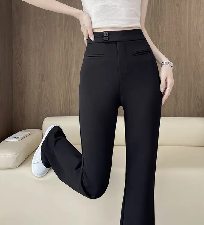 黑色西装裤女2025年春秋季高腰显瘦微喇叭裤修身弹力拖地马蹄长裤