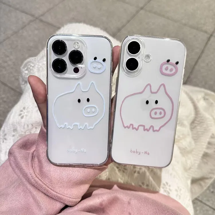 情侣线条小猪适用iphone17苹果16手机壳小米OPPO华为VIVO荣耀一加