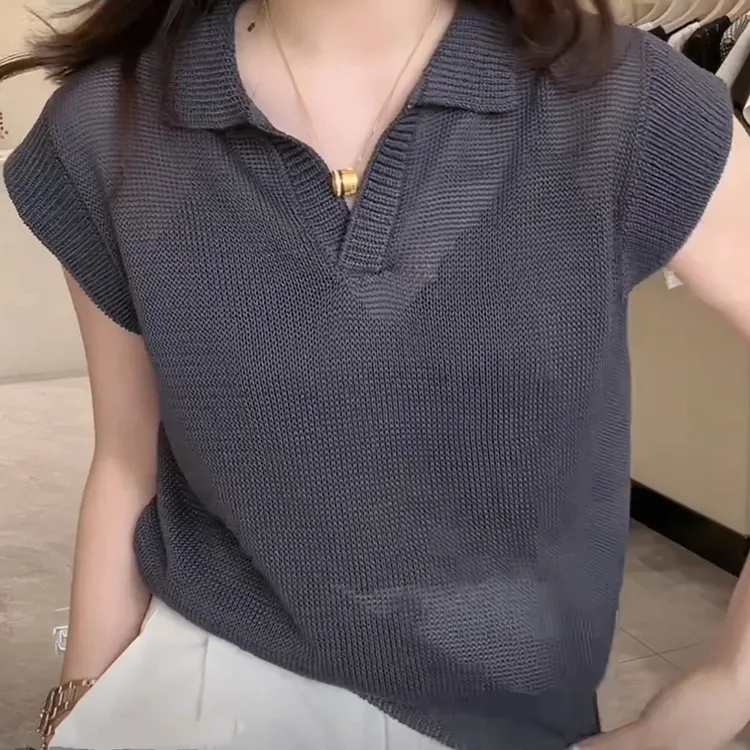Polo领短袖女翻领薄款针织打底短袖百搭纯色亚麻天丝精致洋气上衣