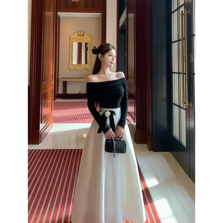 法式千金感一字领打底上衣女秋冬新款高腰显瘦A字半身长裙两件套