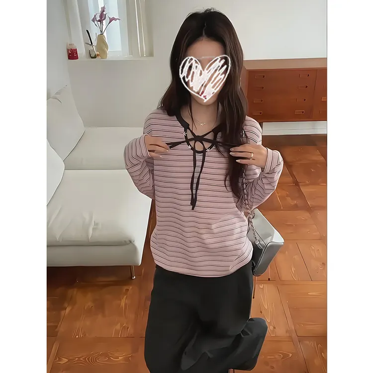 【顿顿专属】韩系粉色条纹圆领T恤女2025秋气质宽松休闲百搭显瘦长袖内搭上衣