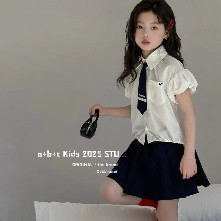 女童学院风套装夏季2025新款洋气时髦儿童短袖衬衫百褶裙子jk制服