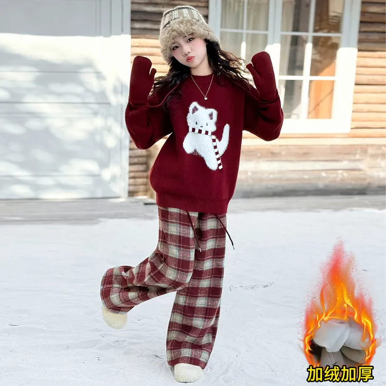 女童冬装卡通加厚毛衣洋气保暖中大童针织衫加绒格子裤子套装