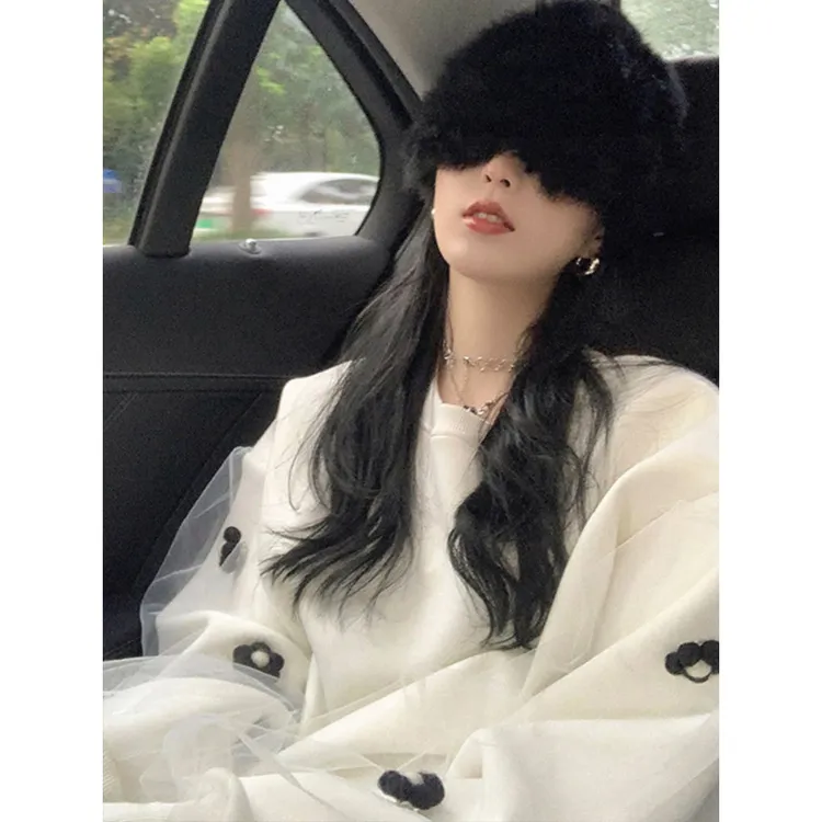 韩版设计感花朵圆领卫衣女2025秋冬加绒加厚宽松慵懒风小个子上衣