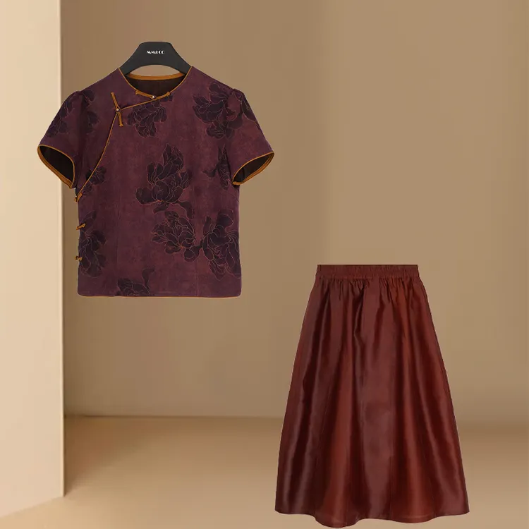 2025夏季新款高级感气质宽松显瘦圆领上衣松紧腰纯色半身裙套装