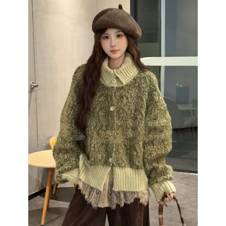 巨好看的韩系撞色拼接高领毛衣女秋冬慵懒高级感宽松加厚针织开衫