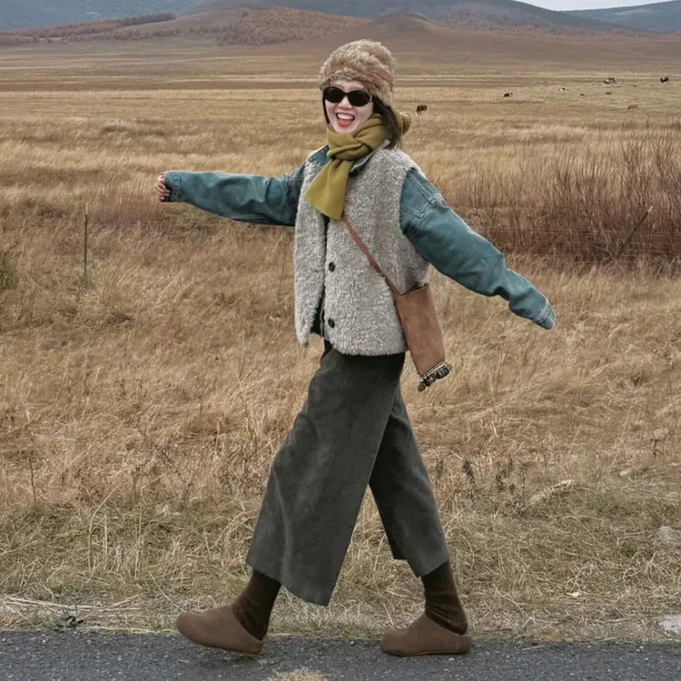 早秋穿搭一整套女巨好看的牛仔衬衫叠穿毛毛马甲阔腿裤复古三件套