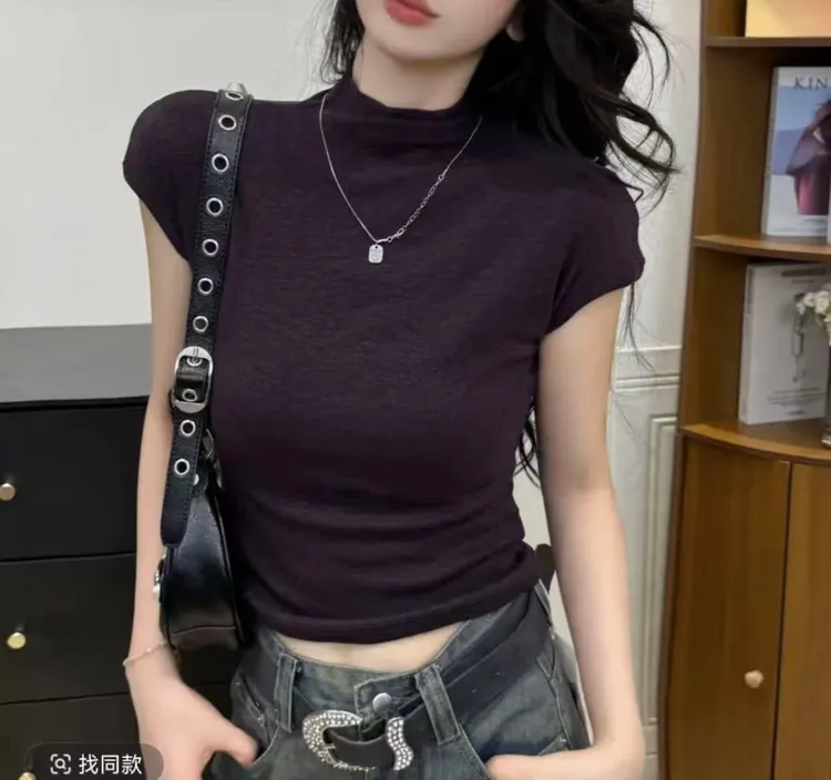 2025秋季新款半高领小飞袖T恤时尚纯色韩版显瘦打底衫女上衣A169#