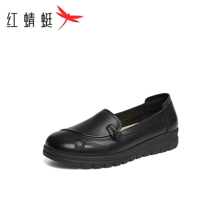 红蜻蜓妈妈鞋2025新款女鞋真皮软底中老年鞋子女皮鞋平底老人单鞋