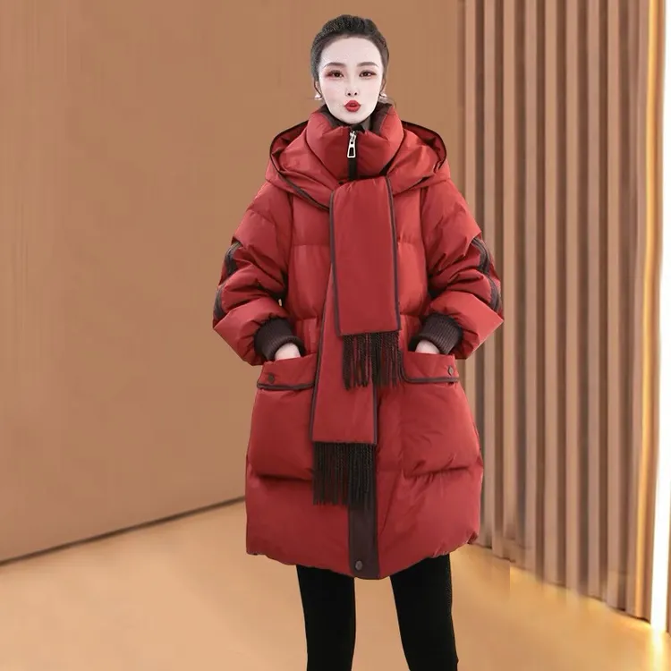 羽绒服女连帽中老年女装中老年酒红宽松中长款冬装女装加厚加厚