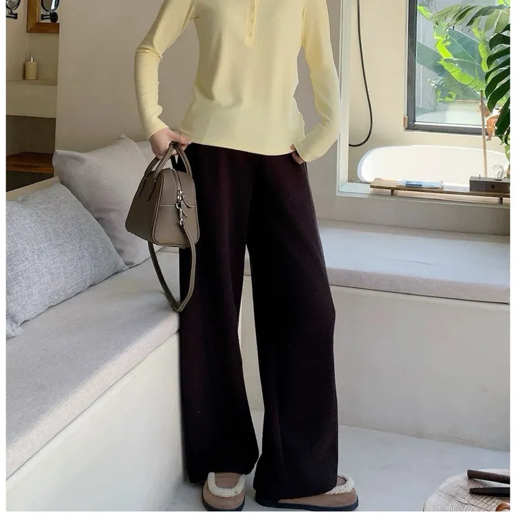 SEAWHEN海维恩极简风加绒阔腿裤女冬季垂坠感挺括高腰休闲裤长裤