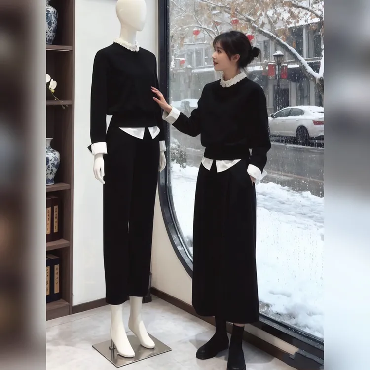 2025秋冬流行穿搭一整套女新款花边衬衫叠穿针织衫阔腿裤三件套